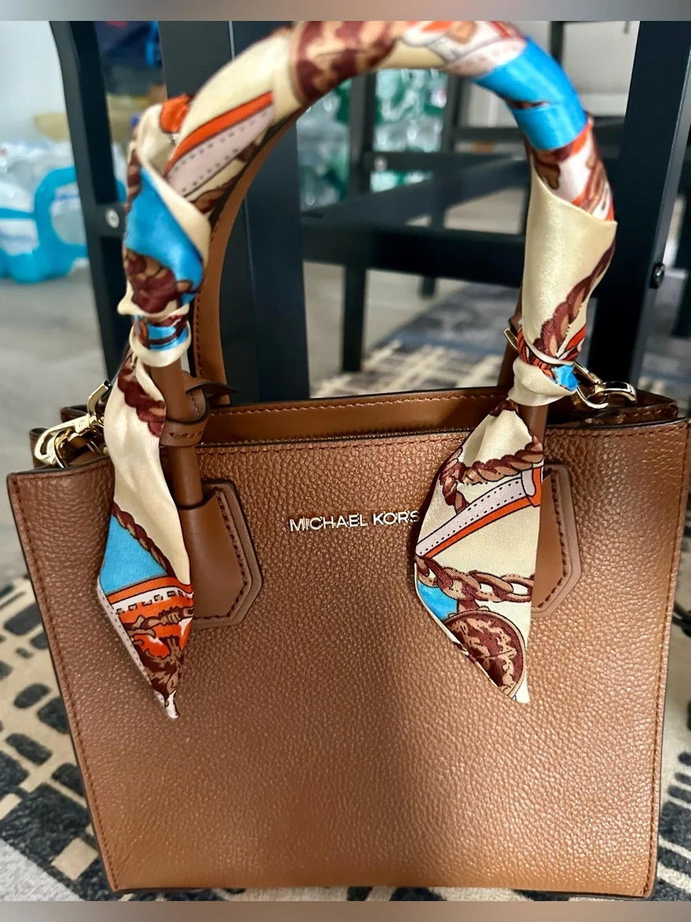 Michael Kors Brown Leather Satchel with Printed Scarf Handles